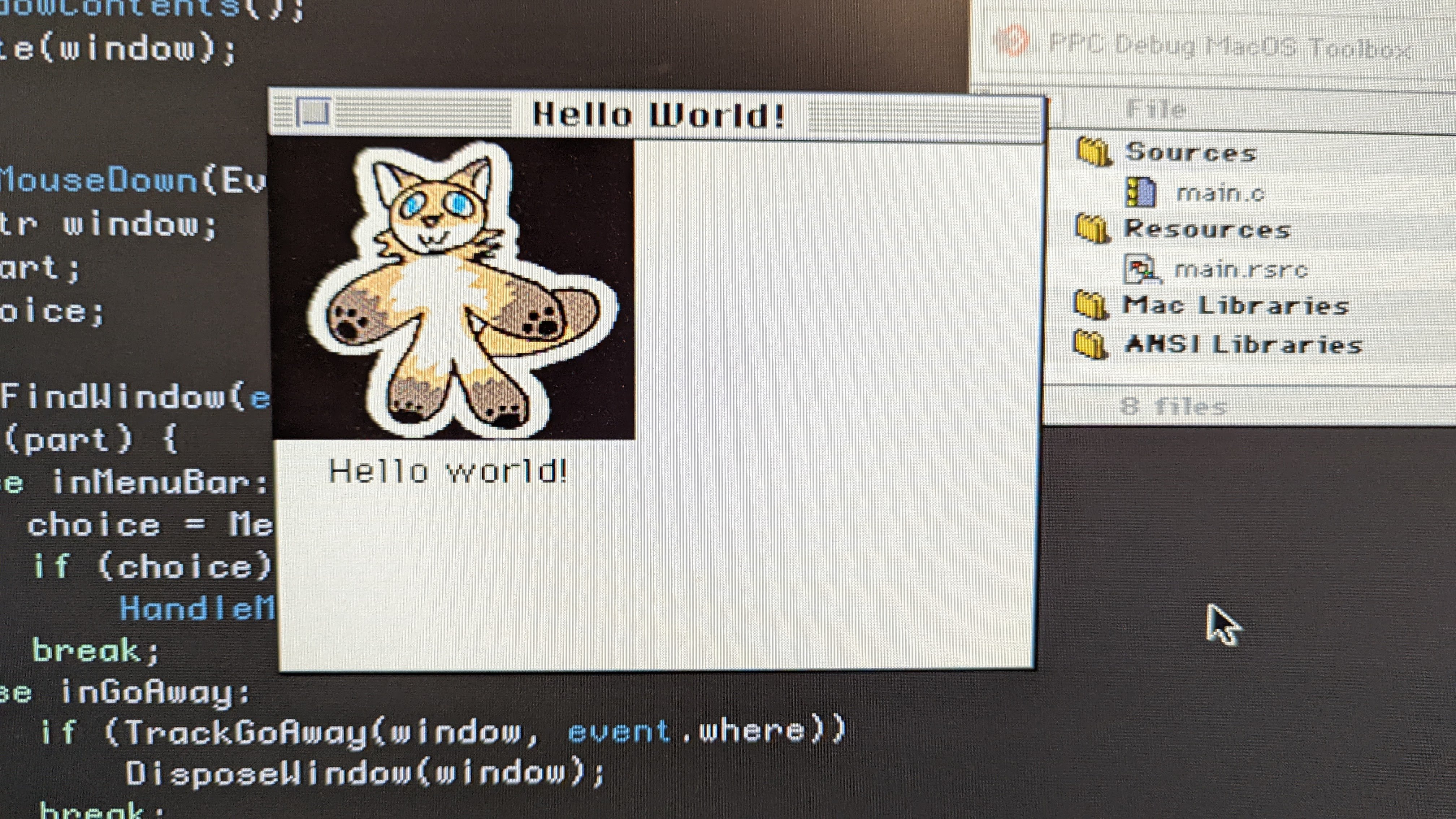 Photo of a hello world application, but with my fursona!